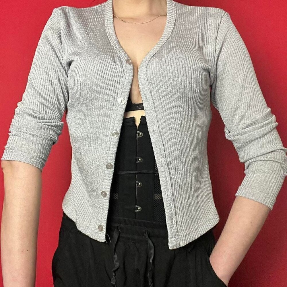 Beechers brook fairweather Silver/blue cropped long sleeeve cardigan‌‌